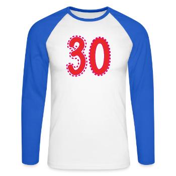 30. 30 ANS. 30e ANNIVERSAIRE. ANNIVERSAIRE 30 ANS. - T-shirt baseball manches longues Homme - blanc/bleu royal - Devant - Nik (191cm)