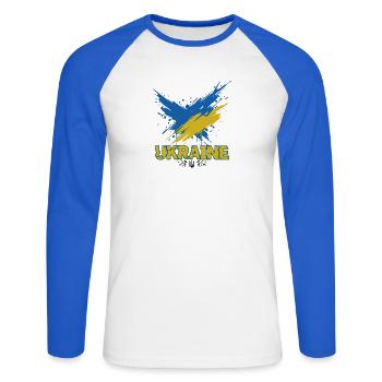 Ukraine Flag Splash Art - Unisex Long Sleeve Baseball T-Shirt - white/royal blue - Front - Nik (191cm)