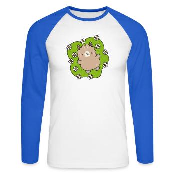 Glücklicher Bär im Blumengarten - Unisex Baseballshirt langarm - Weiß/Royalblau - Vorne - Nik (191cm)