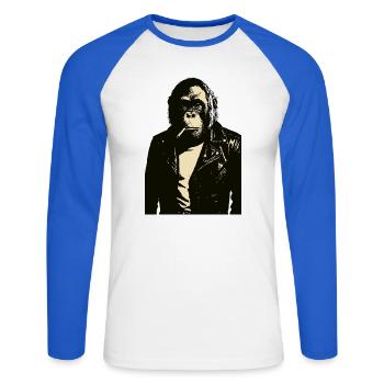 Orangutan smoking a cigarette in a Leather Jacket - Unisex Long Sleeve Baseball T-Shirt - white/royal blue - Front - Nik (191cm)