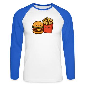 Kawaii Burger & Fries Duo - T-shirt baseball manches longues Homme - blanc/bleu royal - Devant - Nik (191cm)