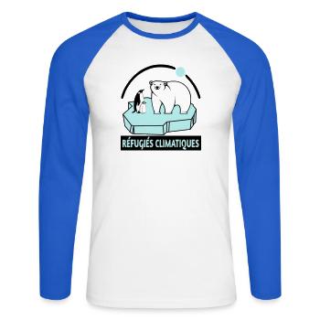 Réfugiés climatiques - T-shirt baseball manches longues Homme - blanc/bleu royal - Devant - Nik (191cm)