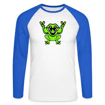 Grenouille Crapaud Cool Lunettes de soleil Victoire Paix Mains - T-shirt baseball manches longues Homme - blanc/bleu royal - Devant - Nik (191cm)