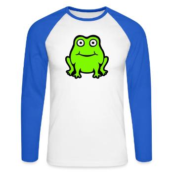 Grenouille Crapaud Sourire Drôle Bande dessinée Heureux Mignon - T-shirt baseball manches longues Homme - blanc/bleu royal - Devant - Nik (191cm)