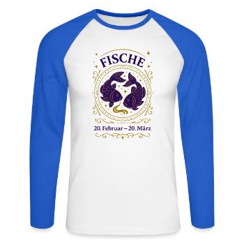 Sternzeichen Fische - Unisex Baseballshirt langarm - Weiß/Royalblau - Vorne - Nik (191cm)