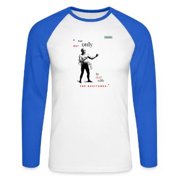 BARITONES PARODY design 001 - Unisex Long Sleeve Baseball T-Shirt - white/royal blue - Front - Nik (191cm)