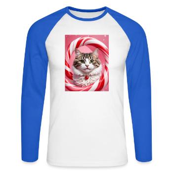 Chat de Noël en conception d’anneau de bonbons - T-shirt baseball manches longues Homme - blanc/bleu royal - Devant - Nik (191cm)