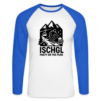 Ischgl : Fête sur le pic - T-shirt baseball manches longues Homme - blanc/bleu royal - Devant - Nik (191cm)