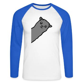 Gray Alpaca Llama Head Curious Funny Look - Unisex Long Sleeve Baseball T-Shirt - white/royal blue - Front - Nik (191cm)