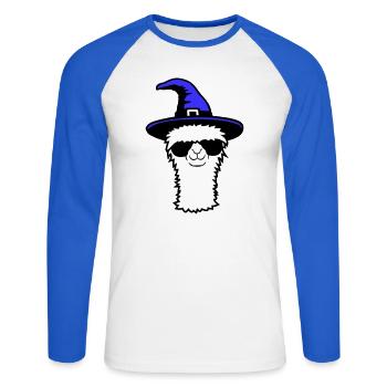 Lama Cool Chapeau de sorcière Lunettes de soleil Halloween Alpaga - T-shirt baseball manches longues Homme - blanc/bleu royal - Devant - Nik (191cm)