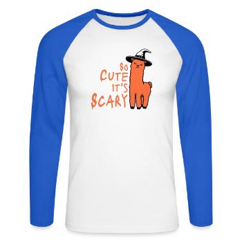 So cute it's scary llama witch hat Halloween saying - Unisex Long Sleeve Baseball T-Shirt - white/royal blue - Front - Nik (191cm)