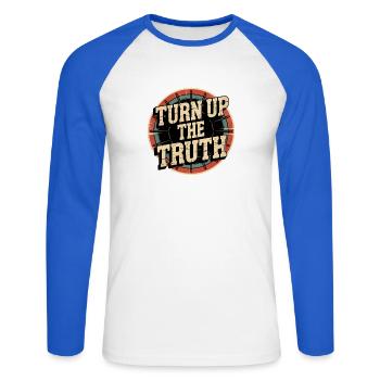 Retro Grunge – Turn Up The Truth - Unisex Baseballshirt langarm - Weiß/Royalblau - Vorne - Nik (191cm)
