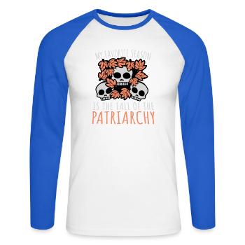My Favorite Season Is The Fall Of The Patriarchy - Unisex Long Sleeve Baseball T-Shirt - white/royal blue - Front - Nik (191cm)