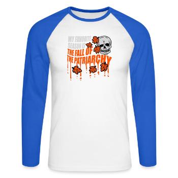 My Favorite Season Is The Fall Of The Patriarchy - Unisex Long Sleeve Baseball T-Shirt - white/royal blue - Front - Nik (191cm)