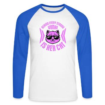 Derrière chaque femme forte se trouve son chat Spruch Katze - T-shirt baseball manches longues Homme - blanc/bleu royal - Devant - Nik (191cm)