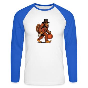 Bigfoot portant de la dinde Thanksgiving humour - T-shirt baseball manches longues Homme - blanc/bleu royal - Devant - Nik (191cm)