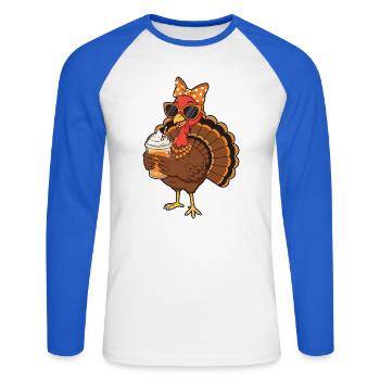 Turkey Coffee Lover Funny Thanksgiving Vibe - Unisex Long Sleeve Baseball T-Shirt - white/royal blue - Front - Nik (191cm)