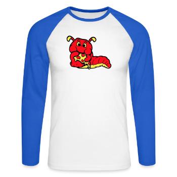 Raupe Wurm Glücklich Essend Pizza Salami Fast Food - Unisex Baseballshirt langarm - Weiß/Royalblau - Vorne - Nik (191cm)