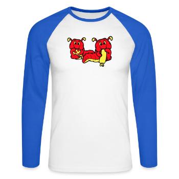 2 chenilles ver heureux manger pizza saucisse manger - T-shirt baseball manches longues Homme - blanc/bleu royal - Devant - Nik (191cm)
