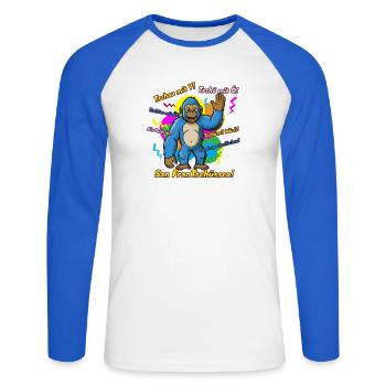 Dictons d’adieu colorés de Bigfoot. Calembour - T-shirt baseball manches longues Homme - blanc/bleu royal - Devant - Nik (191cm)