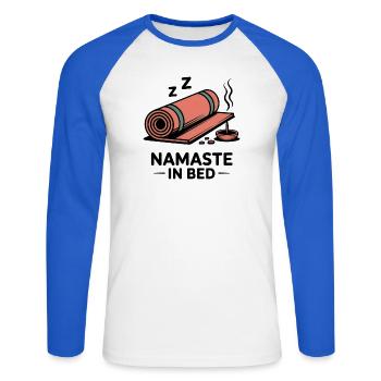 Namaste im Bett – Lazy Zen Vibes - Unisex Baseballshirt langarm - Weiß/Royalblau - Vorne - Nik (191cm)