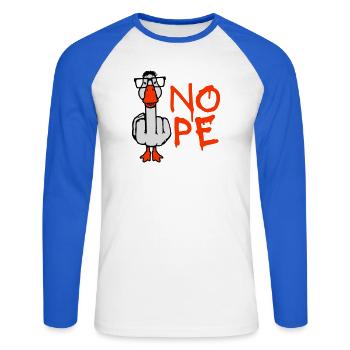 Goose Nope Middle Finger Nerd Geek Horn-Rimmed Glasses Smart - Unisex Long Sleeve Baseball T-Shirt - white/royal blue - Front - Nik (191cm)