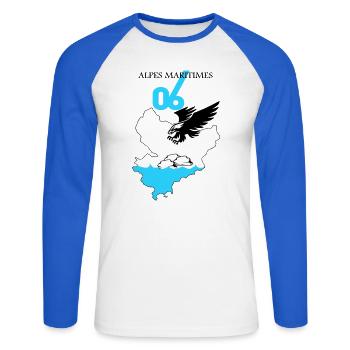 Alpes Maritimes - T-shirt baseball manches longues Homme - blanc/bleu royal - Devant - Nik (191cm)