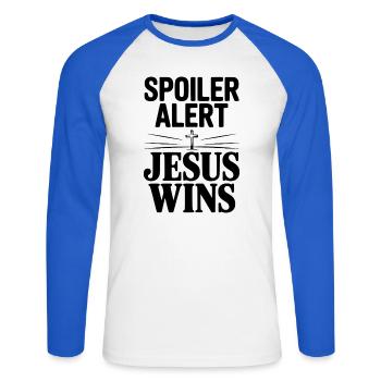 Spoiler Alert Jesus Wins - Unisex Long Sleeve Baseball T-Shirt - white/royal blue - Front - Nik (191cm)