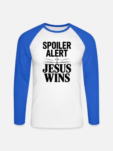 Spoilerwarnung: Jesus gewinnt! - Unisex Baseballshirt langarm - Weiß/Royalblau