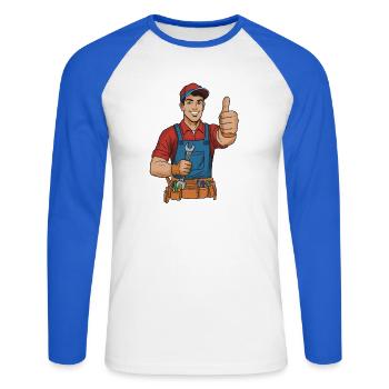 Fröhlicher Handwerker Daumen Hoch - Unisex Baseballshirt langarm - Weiß/Royalblau - Vorne - Nik (191cm)