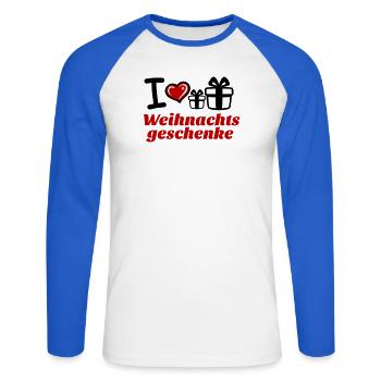 I Love Weihnachtsgeschenke  - Unisex Baseballshirt langarm - Weiß/Royalblau - Vorne - Nik (191cm)