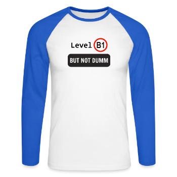 Level B1, but not dumm - Unisex Baseballshirt langarm - Weiß/Royalblau - Vorne - Nik (191cm)