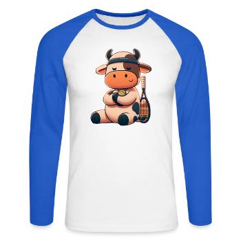 Cute tennis cow with racket and ball - Unisex Long Sleeve Baseball T-Shirt - white/royal blue - Front - Nik (191cm)