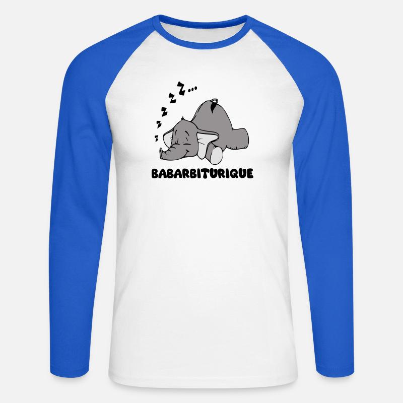 Schlafender Elefant mit dem Titel Babarbituric - Unisex Baseballshirt langarm - Weiß/Royalblau
