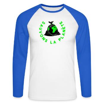 Save the planet - Unisex Long Sleeve Baseball T-Shirt - white/royal blue - Front - Nik (191cm)