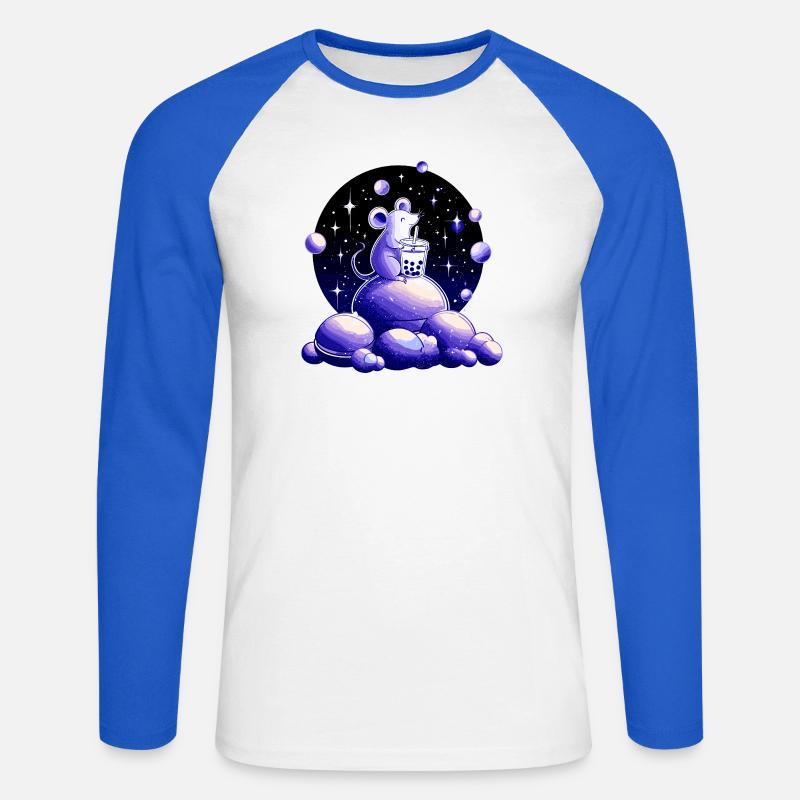 Mondträume Maus mit Bubble Tea - Unisex Baseballshirt langarm - Weiß/Royalblau