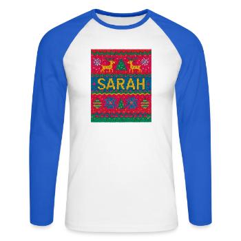 Sarah Christmas Knit Doormat - Unisex Long Sleeve Baseball T-Shirt - white/royal blue - Front - Nik (191cm)