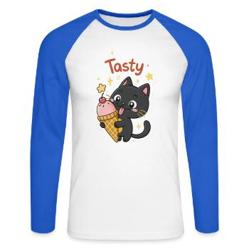 Chat gourmand et crème glacée - T-shirt baseball manches longues Homme - blanc/bleu royal - Devant - Nik (191cm)
