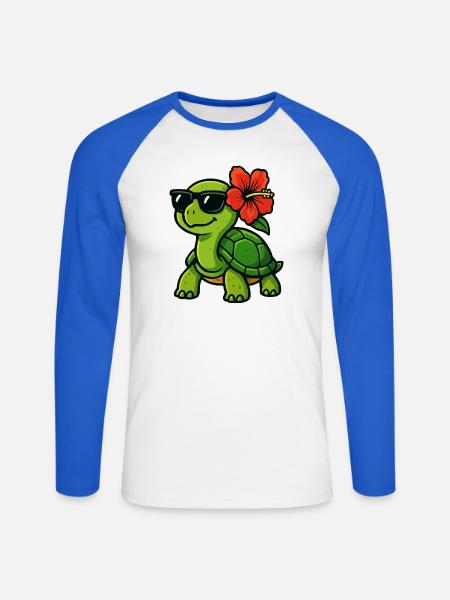 Sun turtle with hibiscus - Unisex Long Sleeve Baseball T-Shirt - white/royal blue