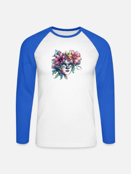 Blumenmaske im Maskenball-Stil - Unisex Baseballshirt langarm - Weiß/Royalblau