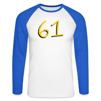 61 - Unisex Long Sleeve Baseball T-Shirt - white/royal blue - Front - Nik (191cm)