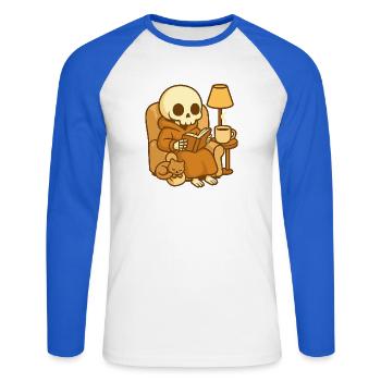 Reading Skeleton – Cozy Reading - Unisex Long Sleeve Baseball T-Shirt - white/royal blue - Front - Nik (191cm)