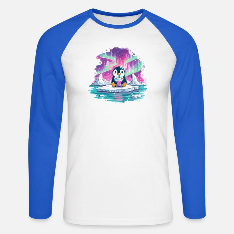 Pinguin auf Eis mit pinkem Drink - Unisex Baseballshirt langarm - Weiß/Royalblau
