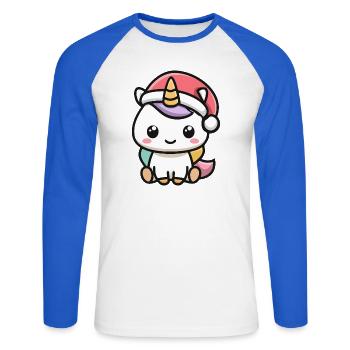 Kawaii Einhorn mit Weihnachtsmütze - Unisex Baseballshirt langarm - Weiß/Royalblau - Vorne - Nik (191cm)