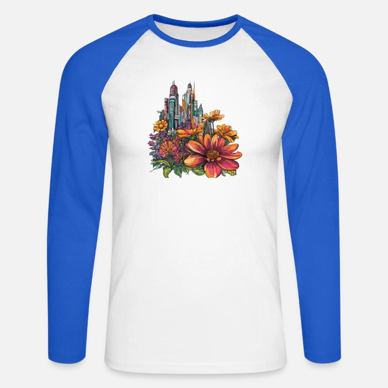 Blühende Skyline Farbexplosion - Unisex Baseballshirt langarm - Weiß/Royalblau