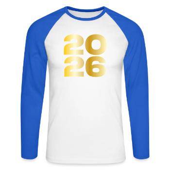 Cadeau vintage 2026 - T-shirt baseball manches longues Homme - blanc/bleu royal - Devant - Nik (191cm)