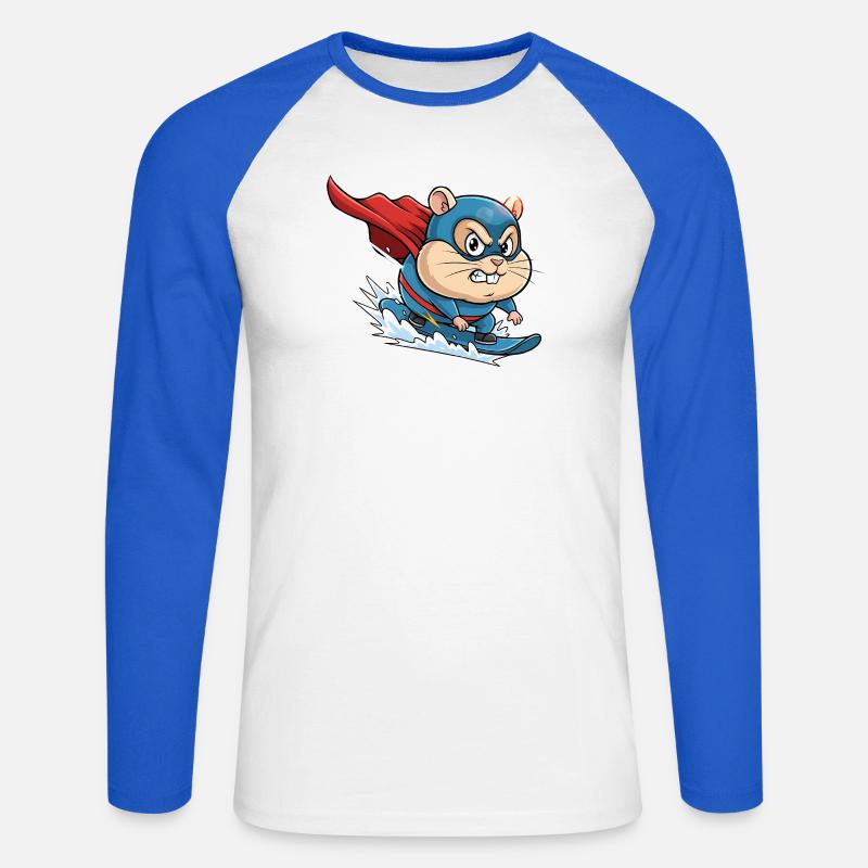 Cartone animato con criceti e surf skate con supereroi - Maglia da baseball a manica lunga da uomo - bianco/blu royal