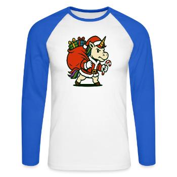 Strong Santa Unicorn With Gift Bag - Unisex Long Sleeve Baseball T-Shirt - white/royal blue - Front - Nik (191cm)