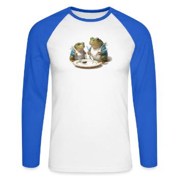 Dîner de grenouille : Mouche dans une assiette - T-shirt baseball manches longues Homme - blanc/bleu royal - Devant - Nik (191cm)