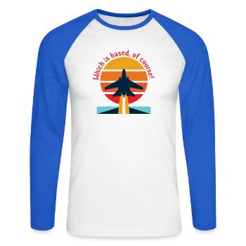 Retroflugzeug im Sonnenuntergang (Based?!)  - Unisex Baseballshirt langarm - Weiß/Royalblau - Vorne - Nik (191cm)